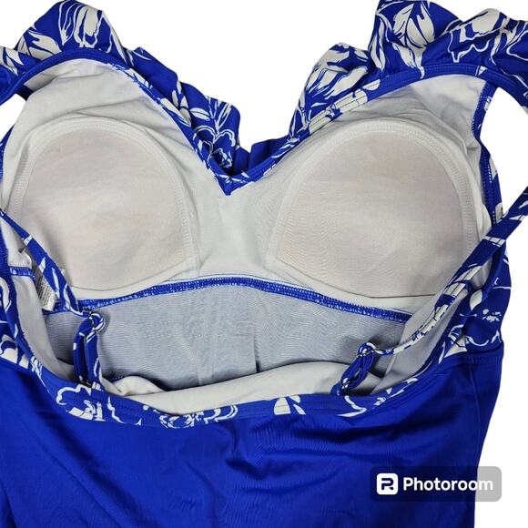 Gabar One Piece Swimsuit Royal Blue & Floral, V Neck with Ruffle Women's Size 14 - Picture 5 of 12